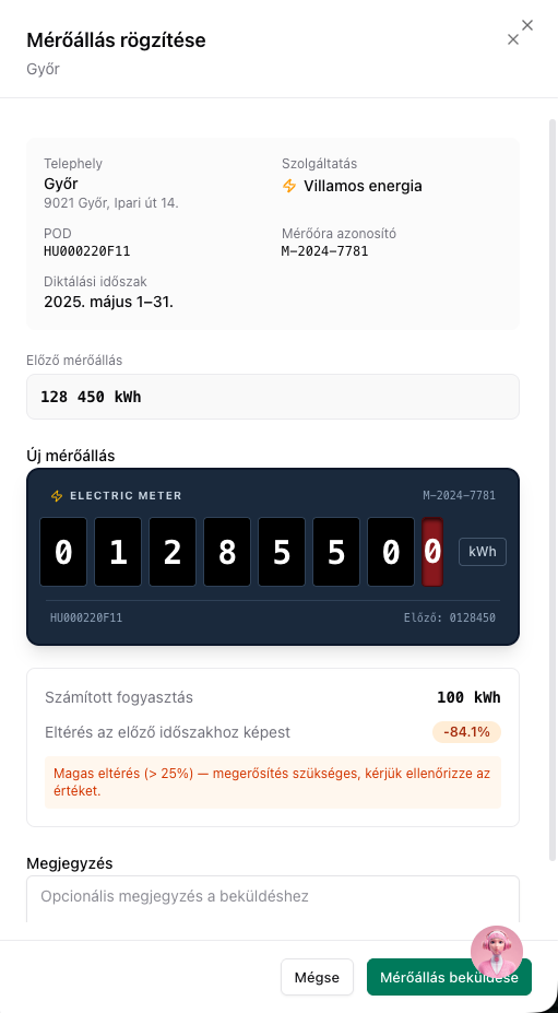 Mérőállás-beküldési oldal — mobil nézet