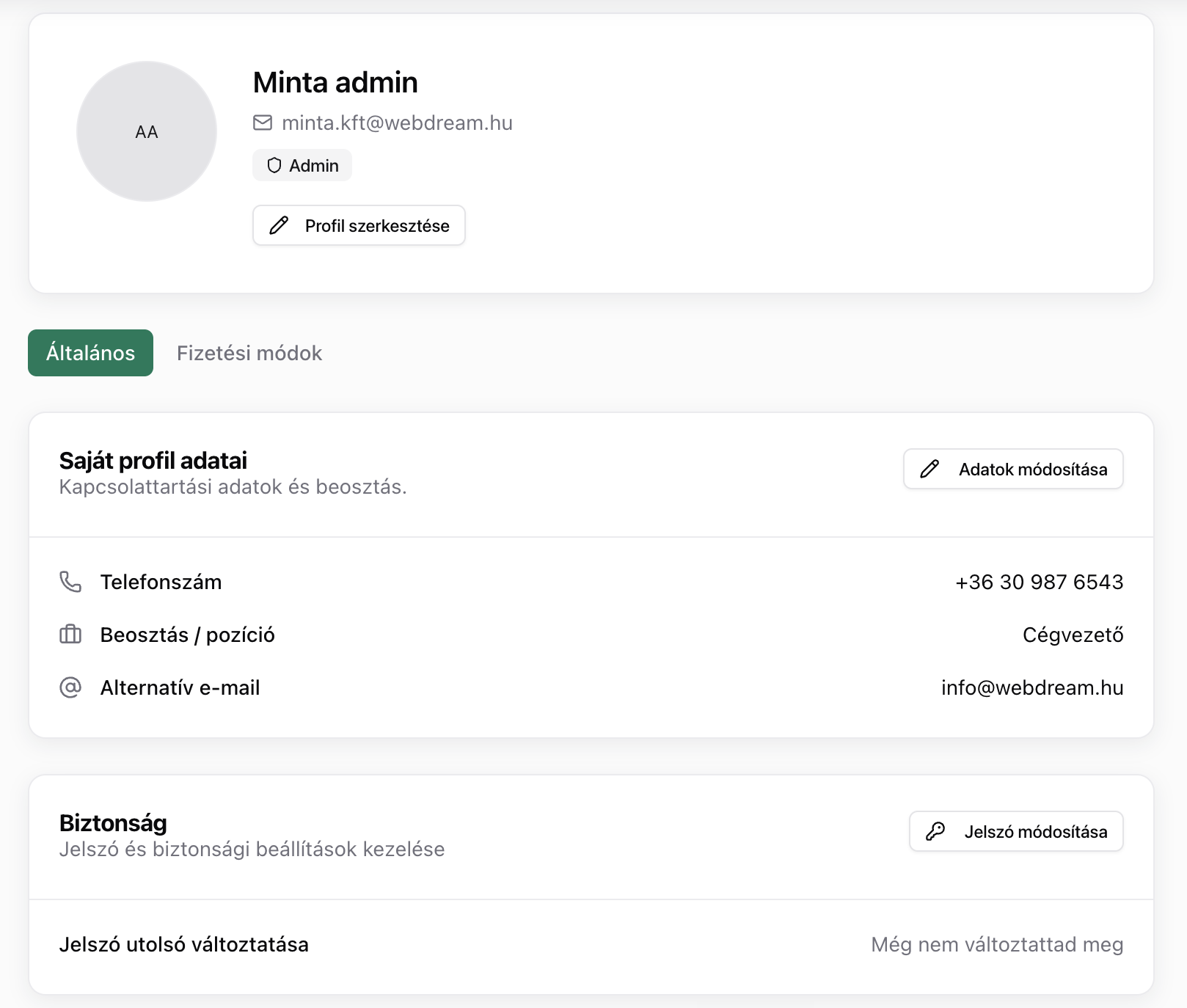 Profil + preferenciák — felhasználói adatok és biztonsági beállítások